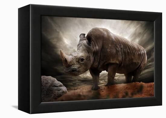 Huge Rhinoceros Against Stormy Sky-NejroN Photo-Framed Premier Image Canvas