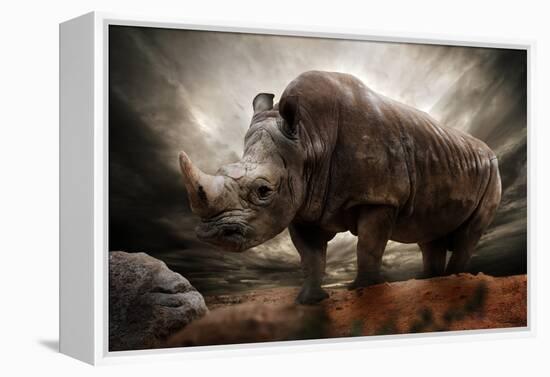 Huge Rhinoceros Against Stormy Sky-NejroN Photo-Framed Premier Image Canvas