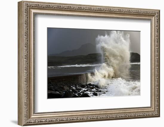 Huge Waves Crash Against a Stone Jetty at Criccieth, Gwynedd, Wales, United Kingdom, Europe-Graham Lawrence-Framed Photographic Print