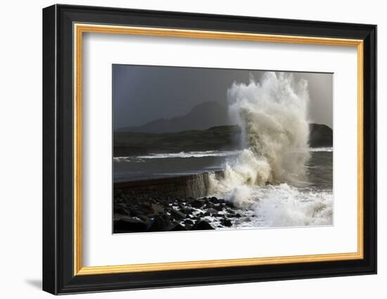 Huge Waves Crash Against a Stone Jetty at Criccieth, Gwynedd, Wales, United Kingdom, Europe-Graham Lawrence-Framed Photographic Print