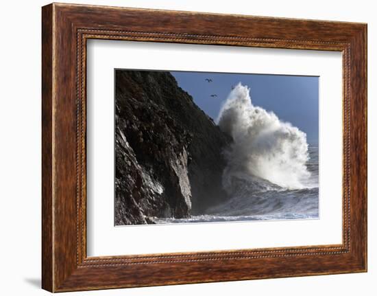 Huge Waves Crash Against Cliffs at Criccieth, Gwynedd, Wales, United Kingdom, Europe-Graham Lawrence-Framed Photographic Print