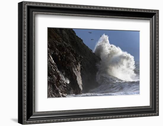 Huge Waves Crash Against Cliffs at Criccieth, Gwynedd, Wales, United Kingdom, Europe-Graham Lawrence-Framed Photographic Print