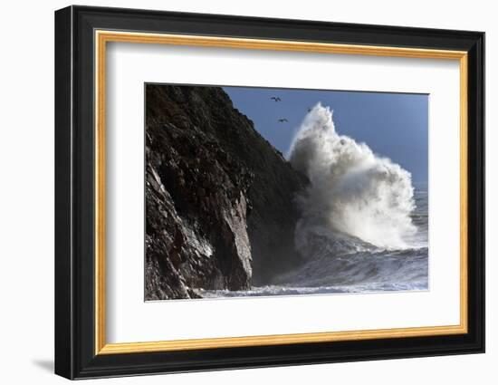 Huge Waves Crash Against Cliffs at Criccieth, Gwynedd, Wales, United Kingdom, Europe-Graham Lawrence-Framed Photographic Print