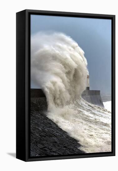 Huge Waves Crash Against the Harbour Wall at Porthcawl, Bridgend, Wales, United Kingdom, Europe-Graham Lawrence-Framed Premier Image Canvas