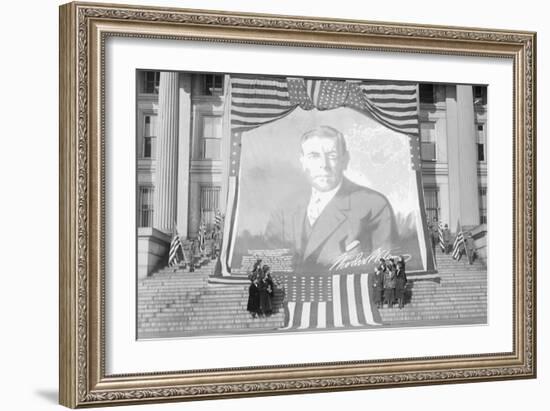 Huge Woodrow Wilson Painting on Fabric Draped In Front of Government Building-null-Framed Art Print