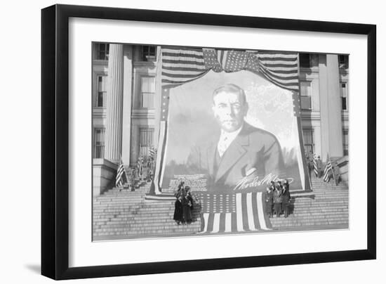 Huge Woodrow Wilson Painting on Fabric Draped In Front of Government Building-null-Framed Art Print