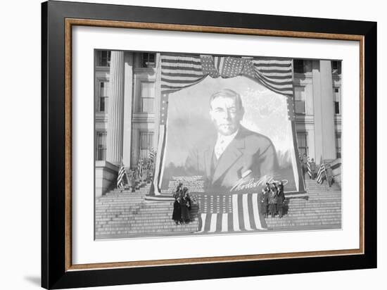 Huge Woodrow Wilson Painting on Fabric Draped In Front of Government Building-null-Framed Art Print