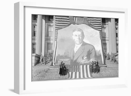 Huge Woodrow Wilson Painting on Fabric Draped In Front of Government Building-null-Framed Art Print