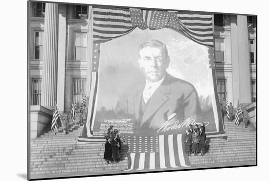 Huge Woodrow Wilson Painting on Fabric Draped In Front of Government Building-null-Mounted Art Print