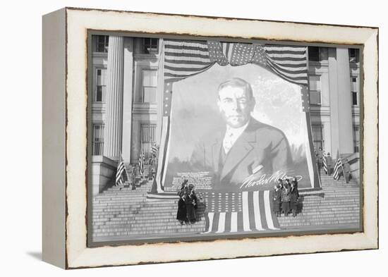 Huge Woodrow Wilson Painting on Fabric Draped In Front of Government Building-null-Framed Stretched Canvas