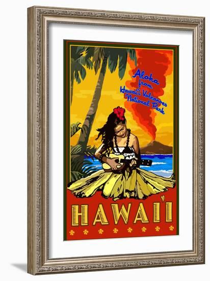 Hula Girl and Ukulele - Hawaii Volcanoes National Park-Lantern Press-Framed Art Print