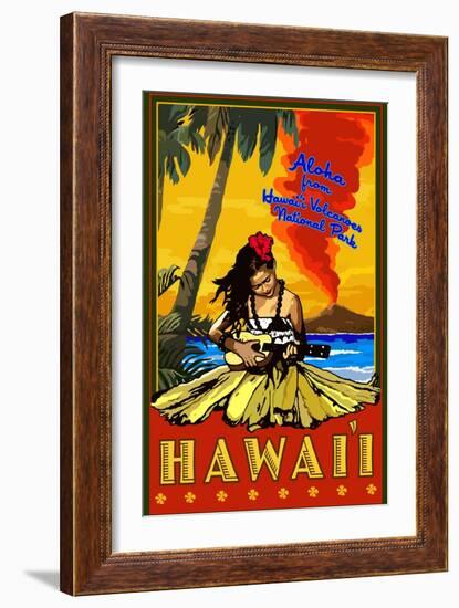 Hula Girl and Ukulele - Hawaii Volcanoes National Park-Lantern Press-Framed Art Print