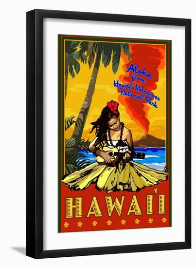 Hula Girl and Ukulele - Hawaii Volcanoes National Park-Lantern Press-Framed Art Print