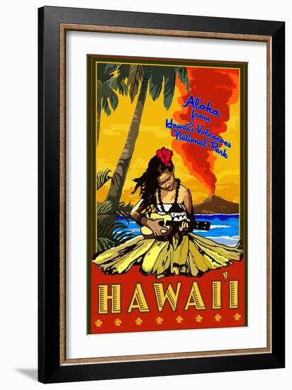 Hula Girl and Ukulele - Hawaii Volcanoes National Park-Lantern Press-Framed Art Print