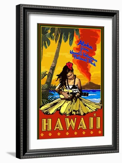 Hula Girl and Ukulele - Hawaii Volcanoes National Park-Lantern Press-Framed Art Print