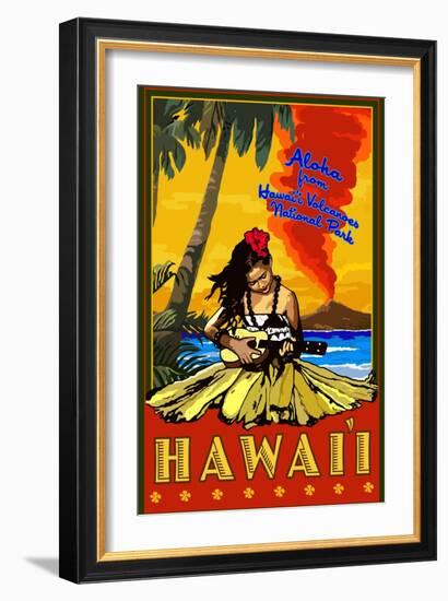 Hula Girl and Ukulele - Hawaii Volcanoes National Park-Lantern Press-Framed Art Print