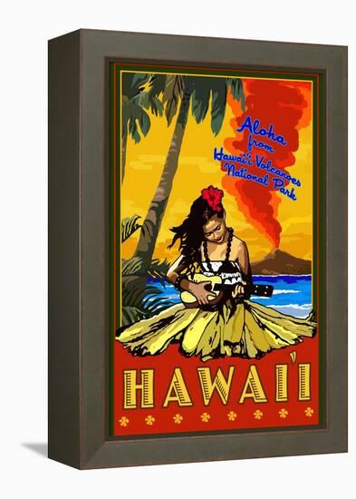 Hula Girl and Ukulele - Hawaii Volcanoes National Park-Lantern Press-Framed Stretched Canvas