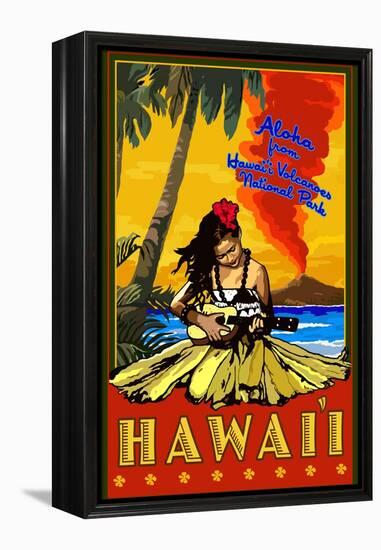 Hula Girl and Ukulele - Hawaii Volcanoes National Park-Lantern Press-Framed Stretched Canvas