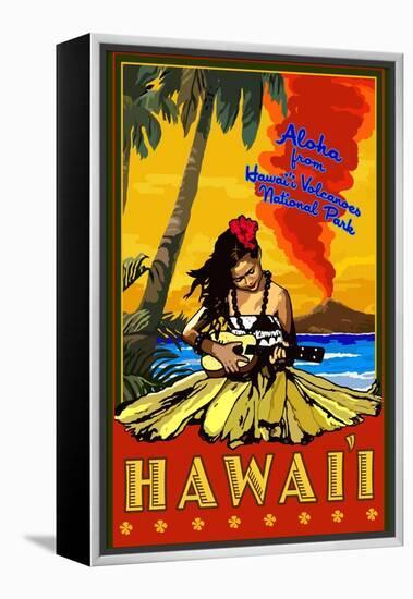 Hula Girl and Ukulele - Hawaii Volcanoes National Park-Lantern Press-Framed Stretched Canvas