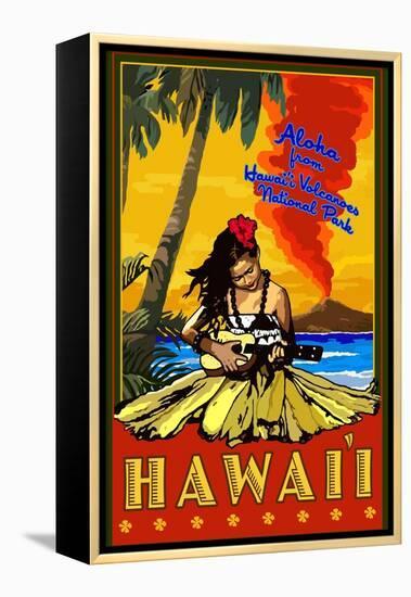 Hula Girl and Ukulele - Hawaii Volcanoes National Park-Lantern Press-Framed Stretched Canvas