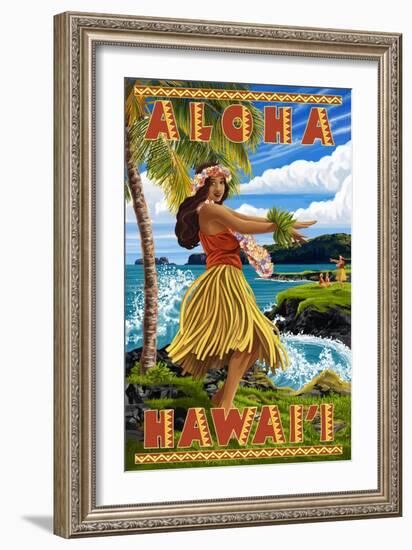 Hula Girl on Coast - Aloha Hawaii-Lantern Press-Framed Premium Giclee Print