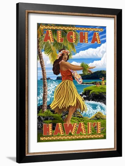 Hula Girl on Coast - Aloha Hawaii-Lantern Press-Framed Art Print