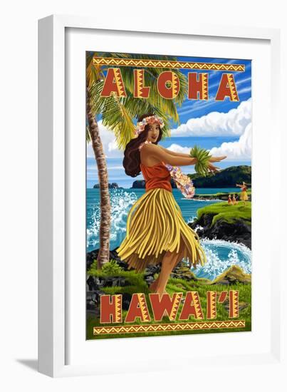 Hula Girl on Coast - Aloha Hawaii-Lantern Press-Framed Art Print