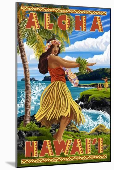 Hula Girl on Coast - Aloha Hawaii-Lantern Press-Mounted Art Print