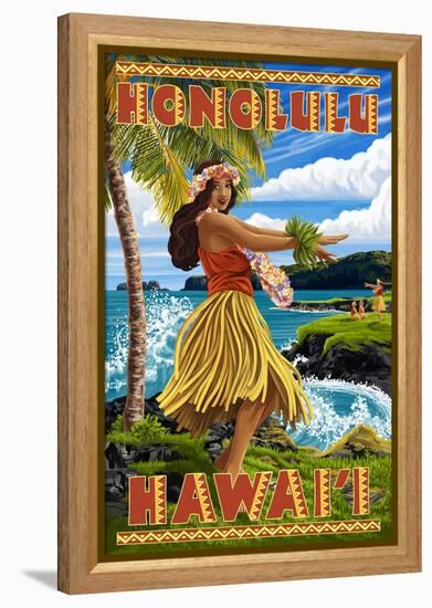 Hula Girl on Coast - Honolulu, Hawaii-Lantern Press-Framed Stretched Canvas