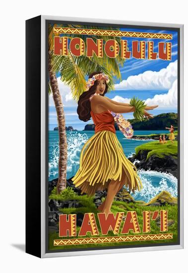 Hula Girl on Coast - Honolulu, Hawaii-Lantern Press-Framed Stretched Canvas