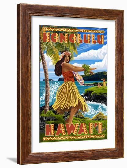 Hula Girl on Coast - Honolulu, Hawaii-Lantern Press-Framed Art Print