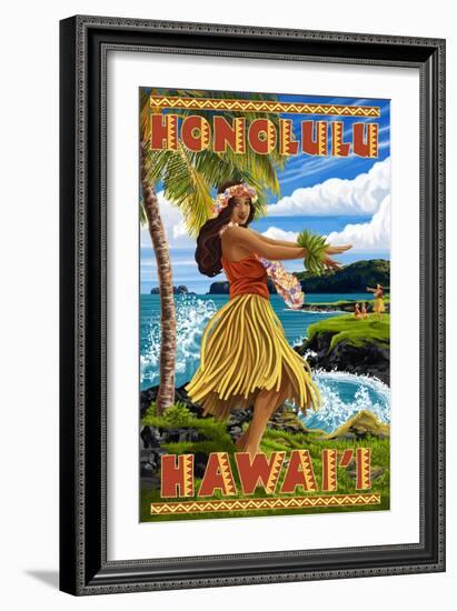 Hula Girl on Coast - Honolulu, Hawaii-Lantern Press-Framed Art Print