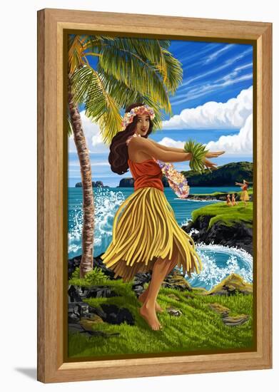 Hula Girl on Coast-Lantern Press-Framed Stretched Canvas