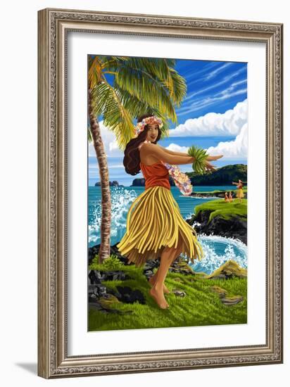 Hula Girl on Coast-Lantern Press-Framed Art Print