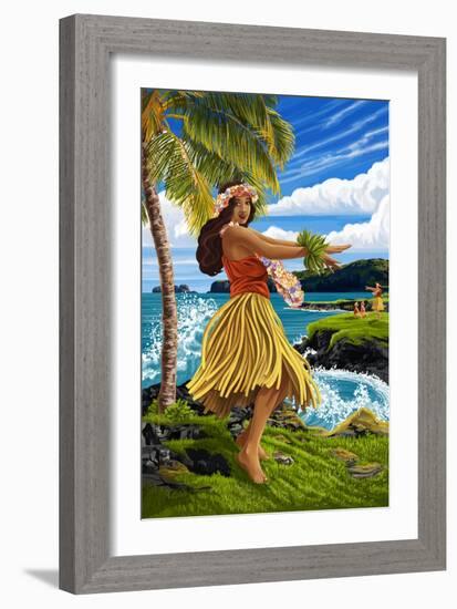 Hula Girl on Coast-Lantern Press-Framed Art Print