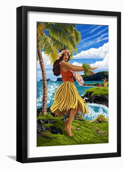 Hula Girl on Coast-Lantern Press-Framed Art Print