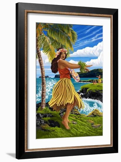 Hula Girl on Coast-Lantern Press-Framed Art Print