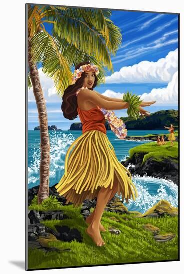 Hula Girl on Coast-Lantern Press-Mounted Art Print
