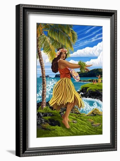 Hula Girl on Coast-Lantern Press-Framed Art Print