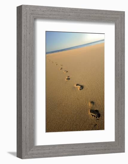 Human footprints in the sand, Sandymouth bay, Cornwall, UK-Ross Hoddinott-Framed Photographic Print