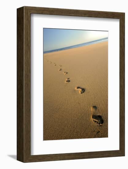 Human footprints in the sand, Sandymouth bay, Cornwall, UK-Ross Hoddinott-Framed Photographic Print