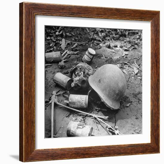 Human Skull, an Army Helmet, and Canned Food by the Side of the Ledo Road, Burma, July 1944-Bernard Hoffman-Framed Photographic Print