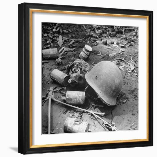 Human Skull, an Army Helmet, and Canned Food by the Side of the Ledo Road, Burma, July 1944-Bernard Hoffman-Framed Photographic Print