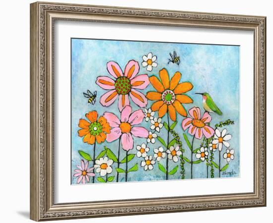 Hummingbird and Bees on Flowers-Blenda Tyvoll-Framed Art Print