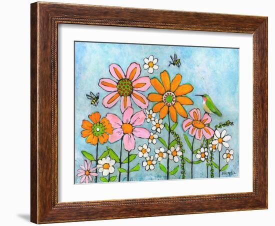 Hummingbird and Bees on Flowers-Blenda Tyvoll-Framed Art Print