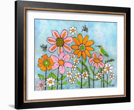 Hummingbird and Bees on Flowers-Blenda Tyvoll-Framed Art Print