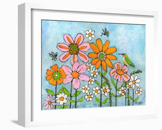 Hummingbird and Bees on Flowers-Blenda Tyvoll-Framed Art Print