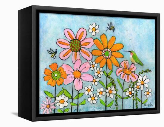 Hummingbird and Bees on Flowers-Blenda Tyvoll-Framed Stretched Canvas