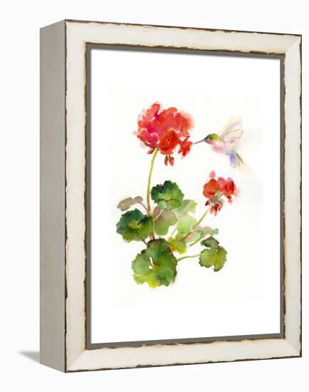 Hummingbird with Geranium, 2015-John Keeling-Framed Premier Image Canvas