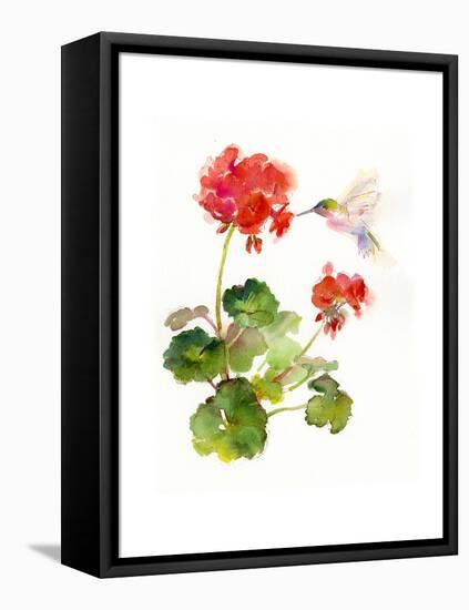 Hummingbird with Geranium, 2015-John Keeling-Framed Premier Image Canvas